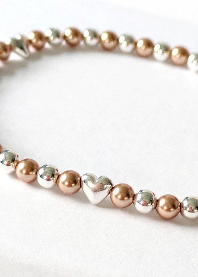 Rose Gold Serenity Pearl &amp; Silver Heart Stretch Bracelet 