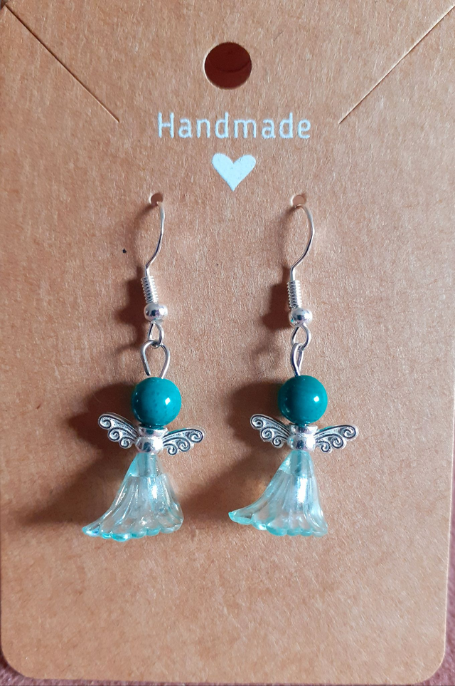 BOUCLES D OREILLES ANGE EN ROBE BLEUE AVEC TURQUOISE