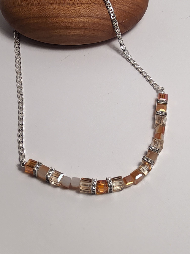 Sand opal, honey and bronze crystal cube sterling silver necklace 