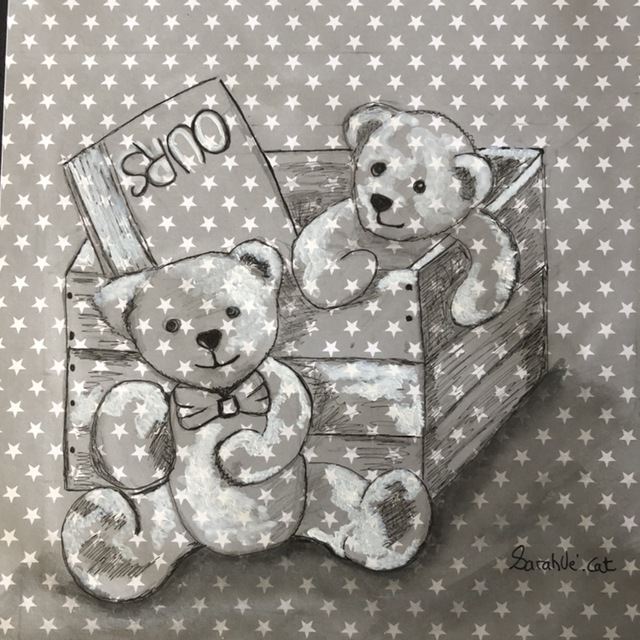 Ours en duo dans boîte en bois - 22 x 22 cm - encadrement blanc 