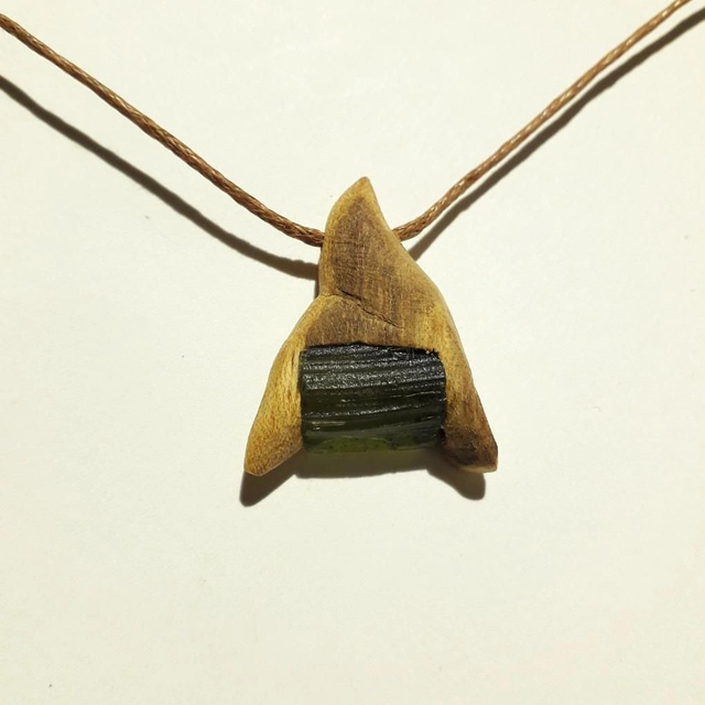 Moldavite Necklace with Hand Carved Palo Santo Wood 