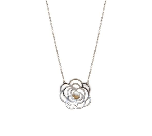 Ketting “Parel” – sterling zilver 925 met camelia en witte parel
