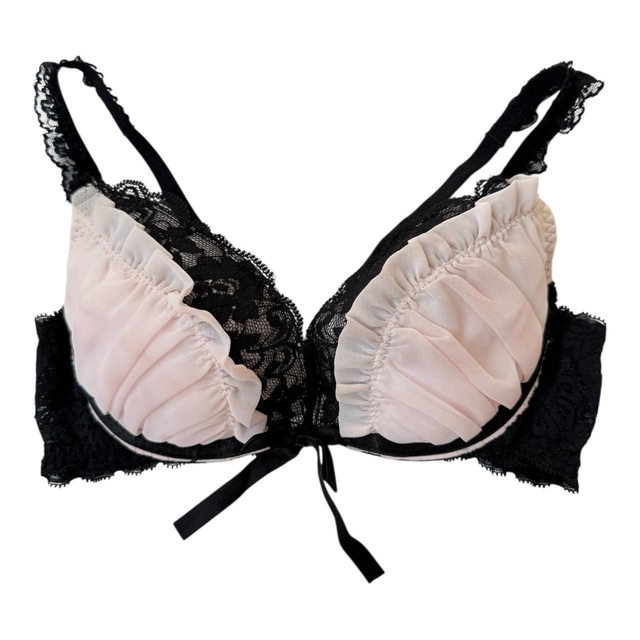 Japanese brand coquette black and pink glittery tulle embroidered bra with polka dot interior 