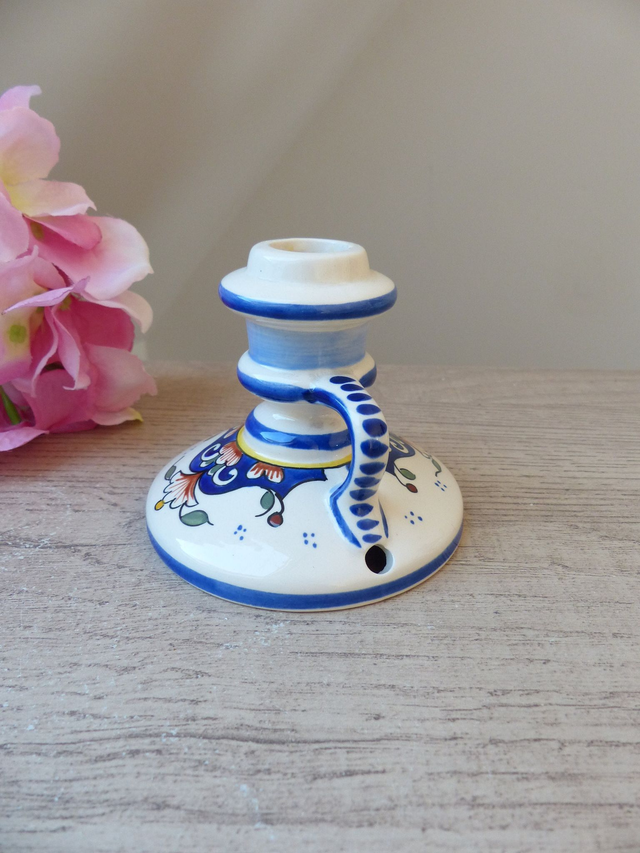 Bougeoir Ancien en Faïence de Rouen – Peint à la Main – Décor Floral – Porte-Bougie Mural avec Poignée – Style Romantique et Bohème