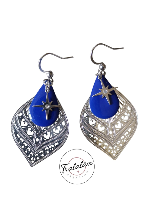 ✨Boucles d’oreilles &quot;filigranes argent et goutte émail bleu nuit&quot;✨