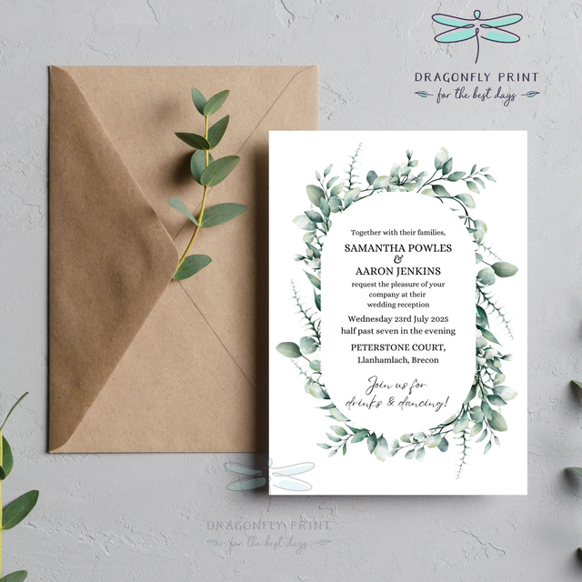 Eucalyptus design A6 evening invitations - sage greenery and eucalyptus design