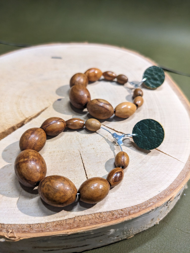 "Caroulino" - Créoles Olivier, Cuir, Argent