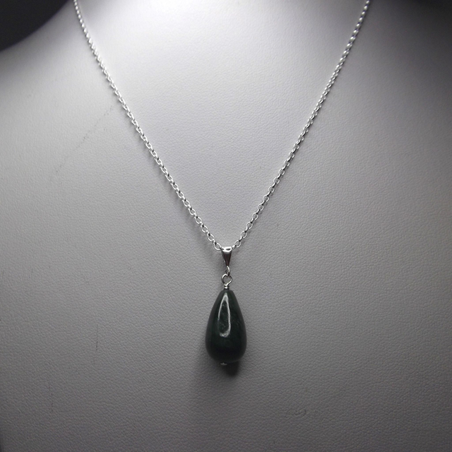 Green jade gemstone teardrop necklace with silver chain