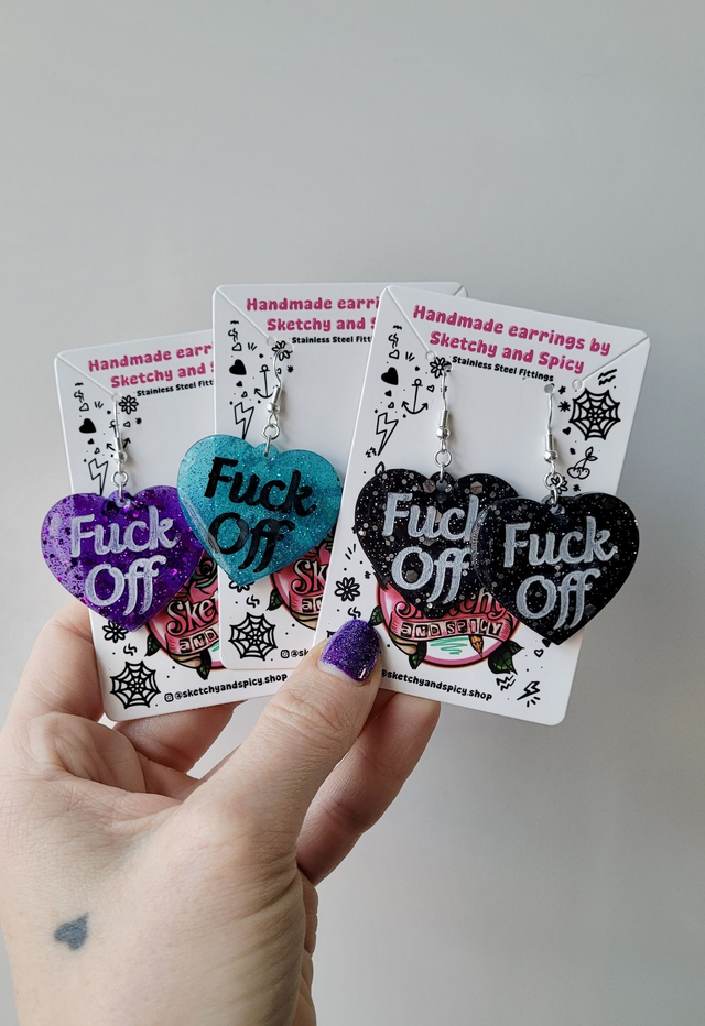 Earrings | Heart Earrings – Fuck Off - Stainless Steel Hooks
