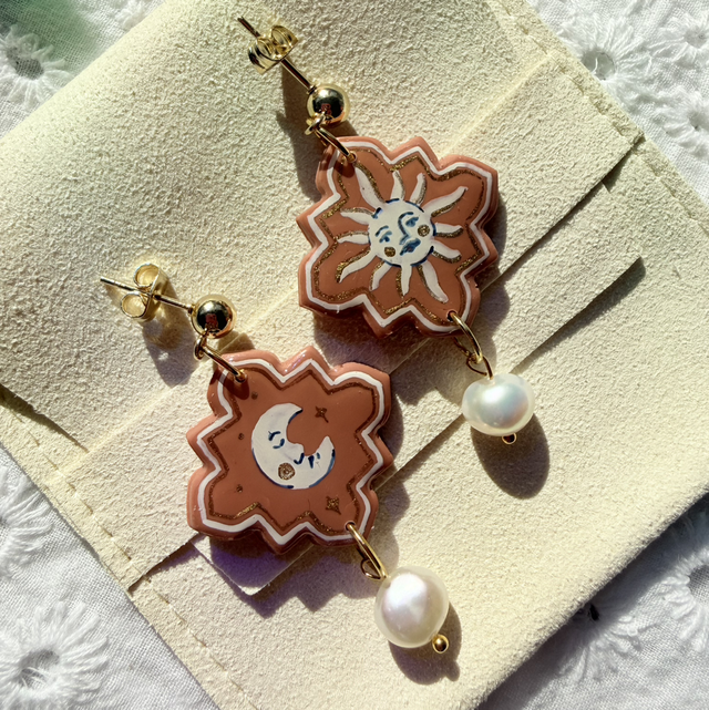 MIRA - Celestial Sun and Moon Earrings with Pearl