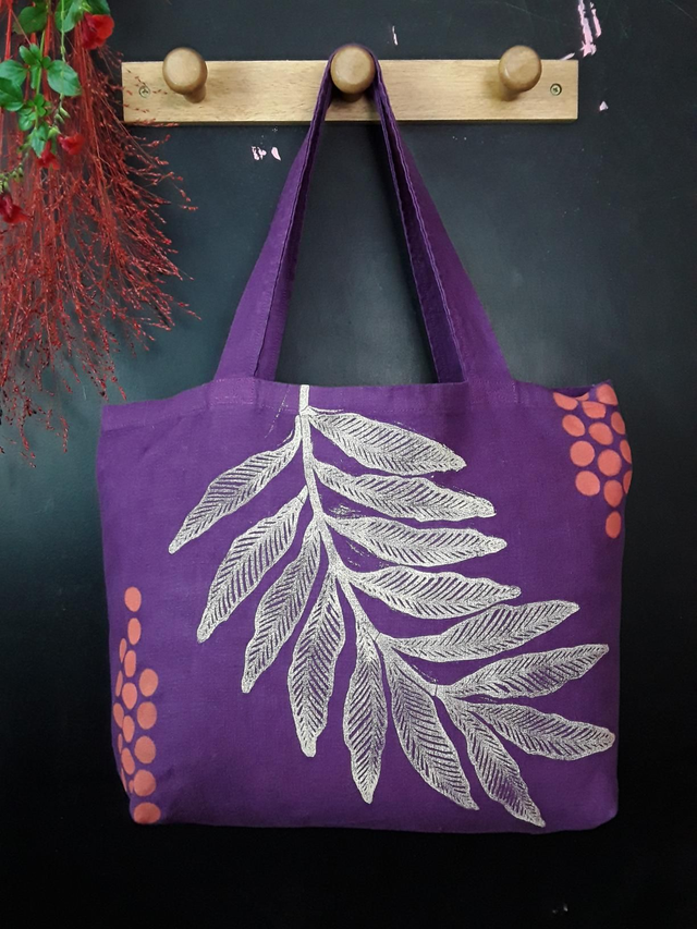 Cabas en lin violet OISELEURS et FRUITS ROUGES 