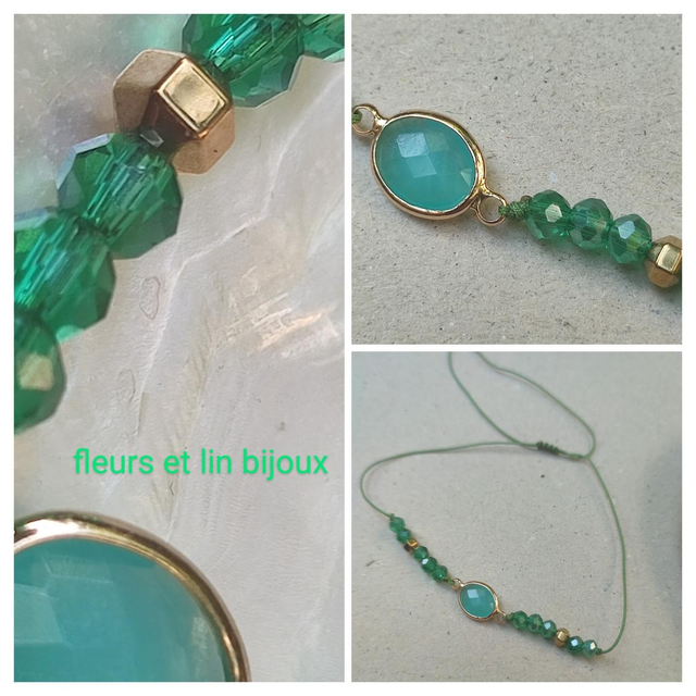 Bracelet agate verte ( pierres naturelles)et hématite dorée, perles en verre facettées réglable 