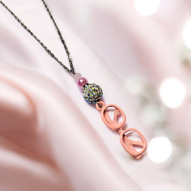 Collier acier inoxydable et cristal rose lunettes