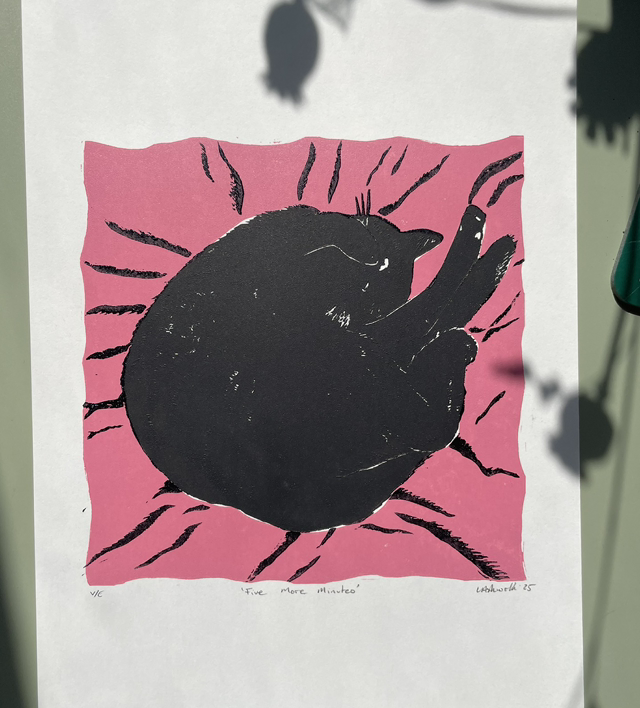 5 More Minutes, two layer Lino print