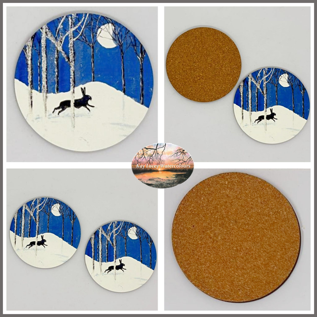 Moon Chasing Hare art Coaster with cork base 