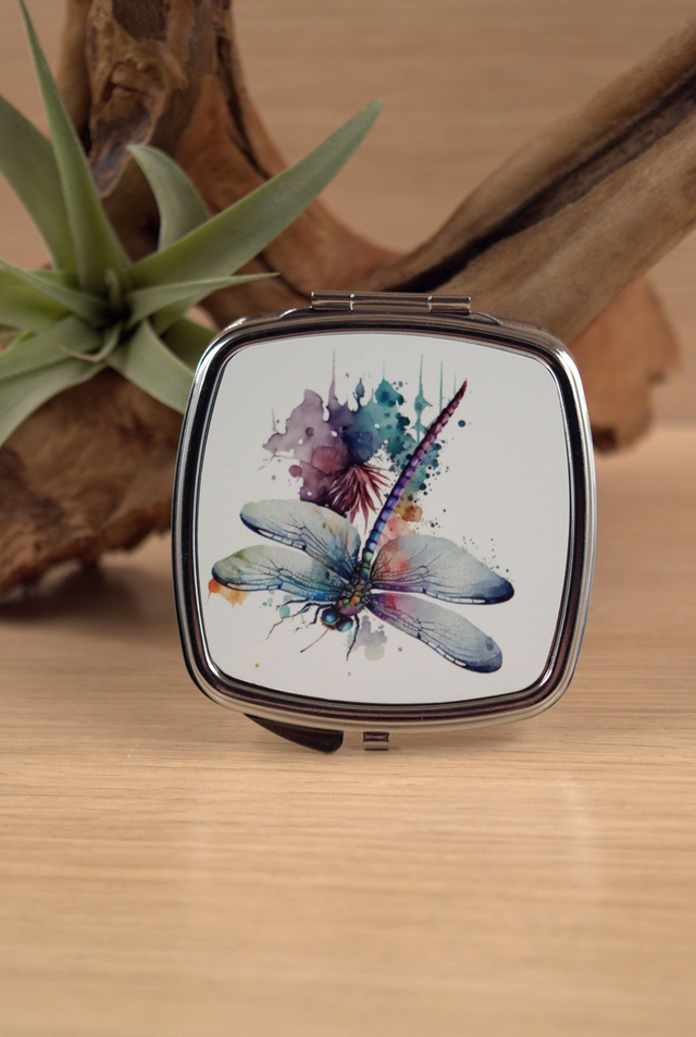 Watercolour Dragonfly Compact Mirror – Elegant &amp; Artistic Handbag Essential