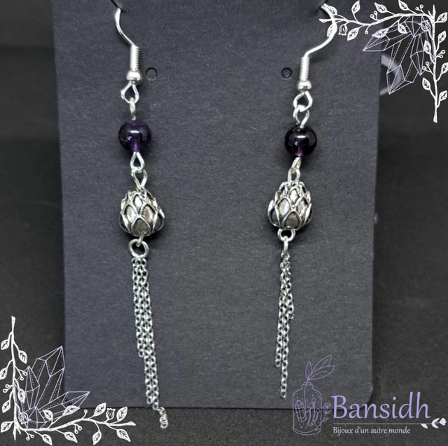 Boucles oreilles Fleur de lotus et perle de pierre