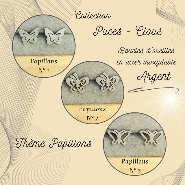 Clous d&#039;oreilles - Thème Papillons - Acier Argent