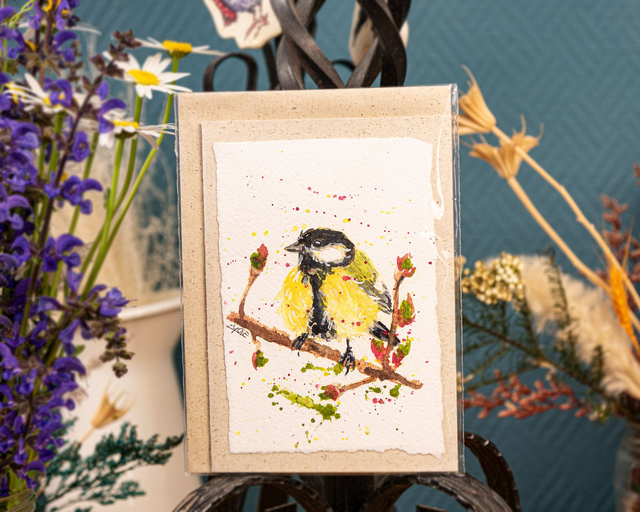 Originalkarte - Kohlmeise mit Blütenknospen