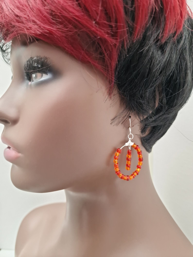 Boucles D'oreilles Créoles Pendantes Acier Perles Rouges Oranges