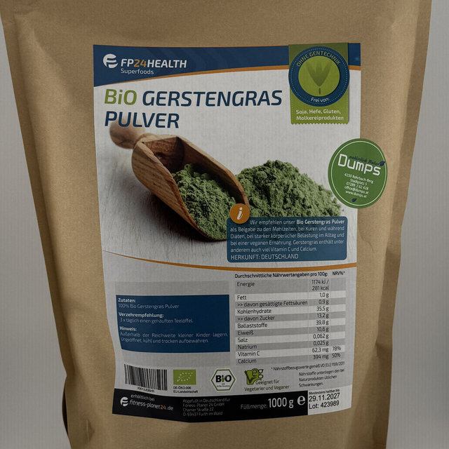 FP24 Health Bio Gerstengras Pulver 1kg - aus Bayern - Ökologischer Anbau - Made in Germany