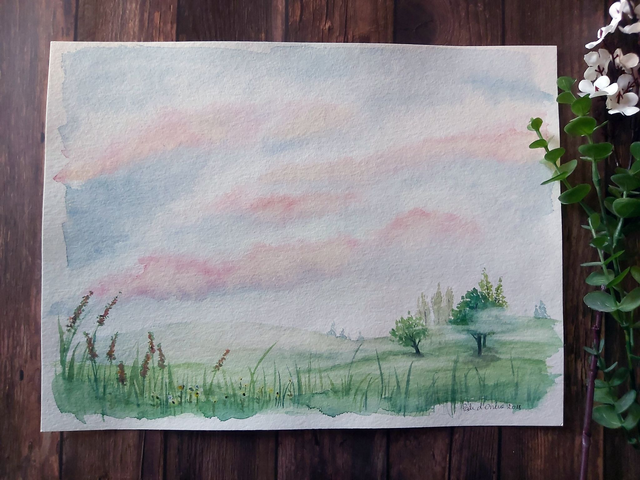 Aquarelle 24x32 Nuages Roses