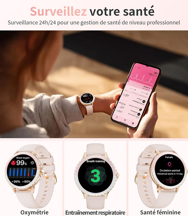 Montre Connectée Femme Dorée – Acier Inoxydable, Appel Bluetooth, Suivi Cardiaque & Sommeil, +100 Modes Sport 🌸