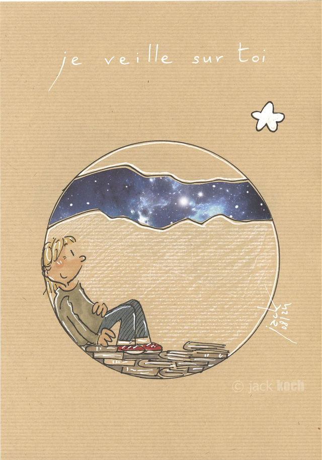 VENDU - "Je veille sur toi" - Dessin format A4 sur papier - cadre 32x42 - frais de port compris pour la France