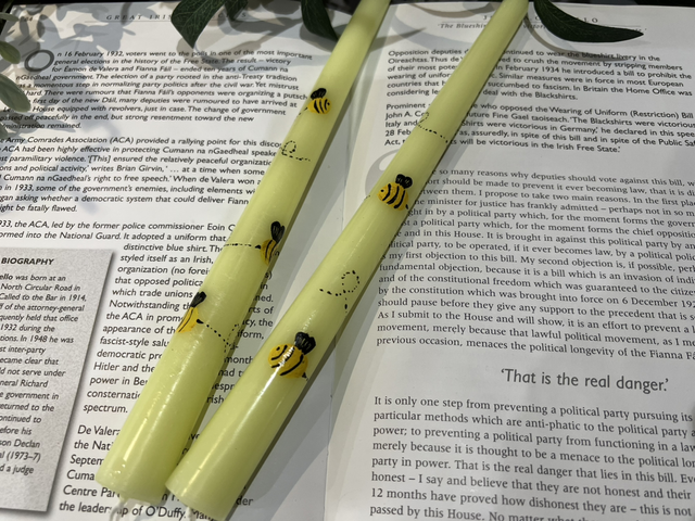 Hand painted bee tapered candle