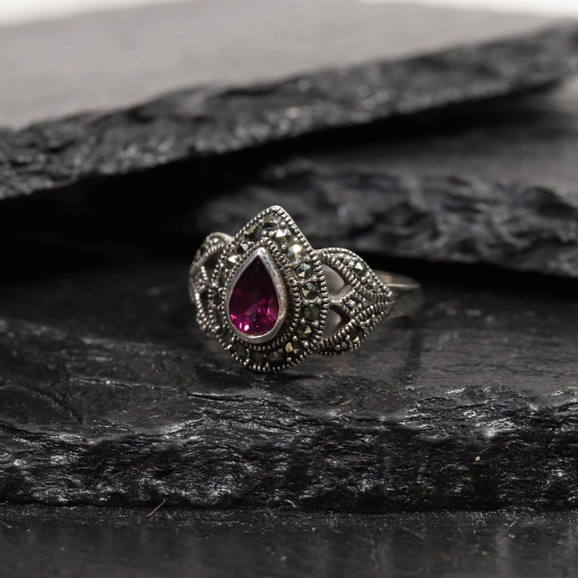 Vintage Sterling Silver 925 Art Deco Style Pear Cut Pink Purple Rhodolite Garnet With Marcasite Gemstone Design Ring Size N - 6 1/2