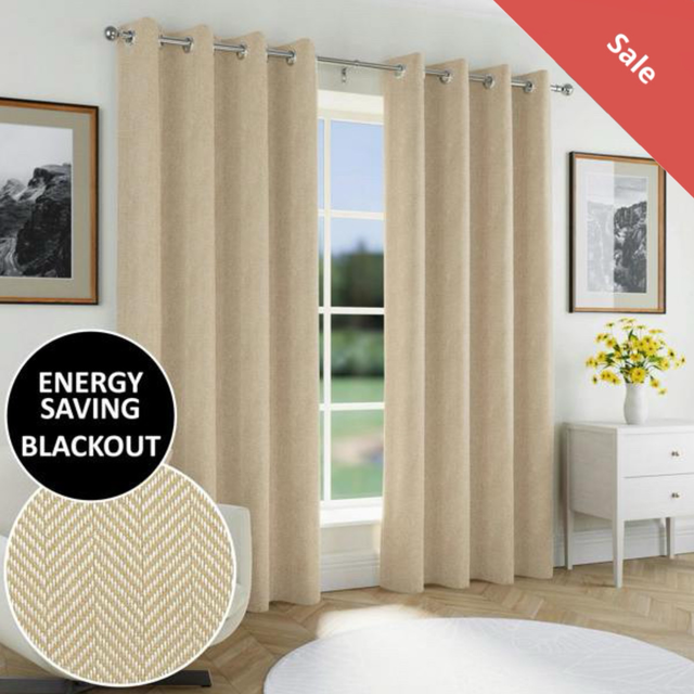 Enhanced Living Chester Natural 100% Blackout Herringbone Jacquard Readymade Eyelet Curtains