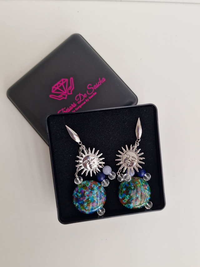 Boucles D&#039;oreilles Acier Soleil Pierre Naturelle Aquamarine Lapiz Lazuli Cristal