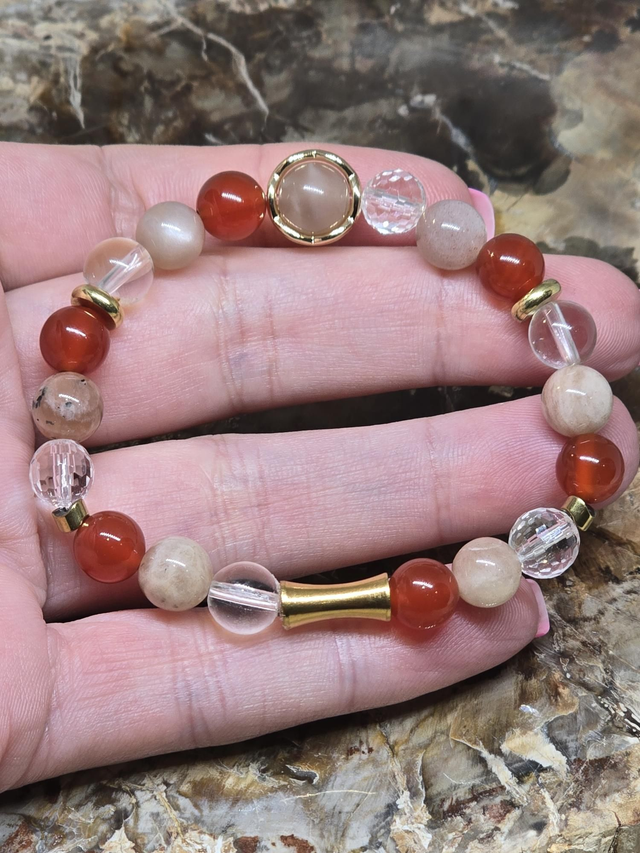 Bracelet Cornaline, Pierre de lune, Cristal de roche 0,8 cm