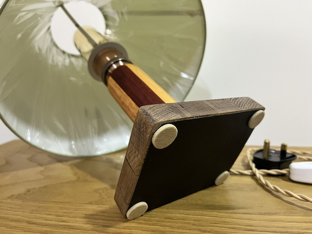 Retro-style bedside lamp made of four types of wood.