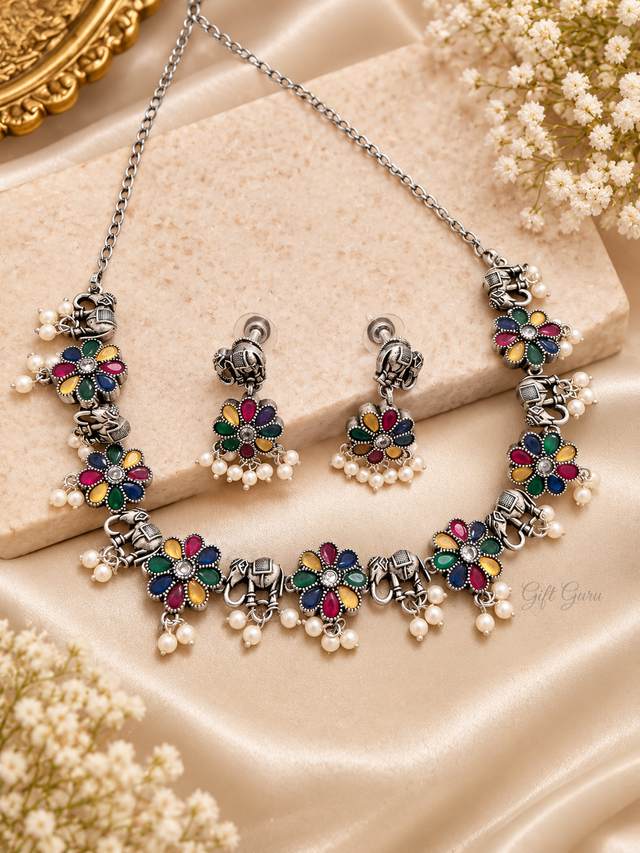 Oxidised silver multicolor floral and elephant choker necklace 