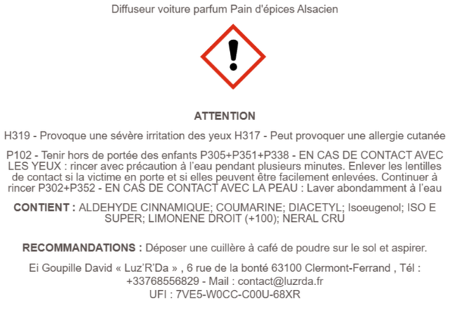 Diffuseur de parfum pour voiture "Pain d'épices Alsacien"