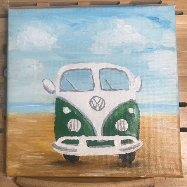 Schilderij camper strand handgeschilderd acryl stretched canvas vierkant klein 20 cm 