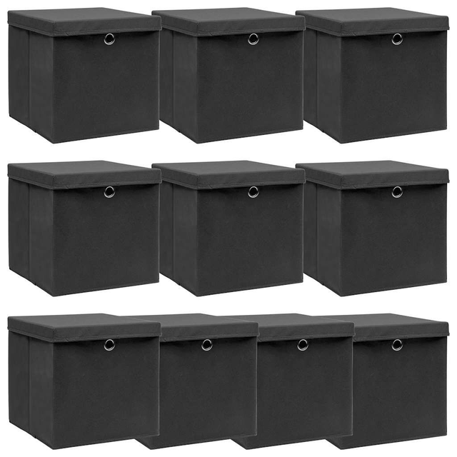 Boîtes de rangement avec couvercle 10 pcs Noir 32x32x32cm Tissu