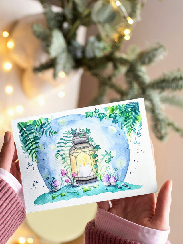 Lanterne magique, aquarelle originale Forêt enchantée