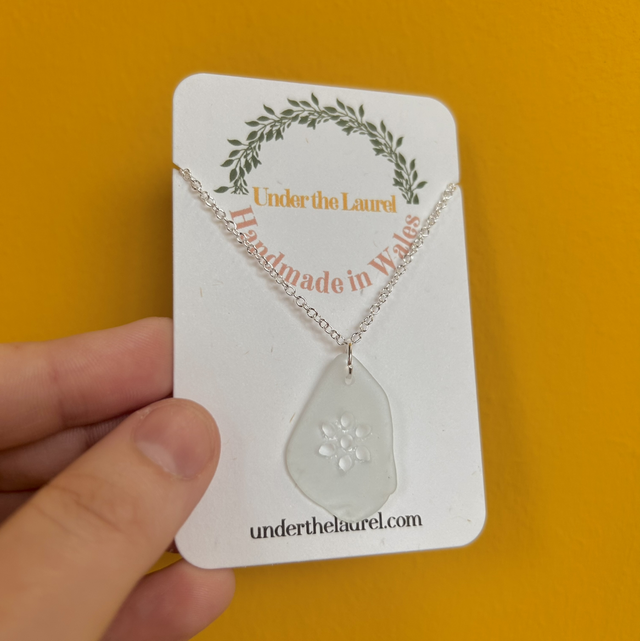 Carved Flower Sea Glass Necklace White and Silver