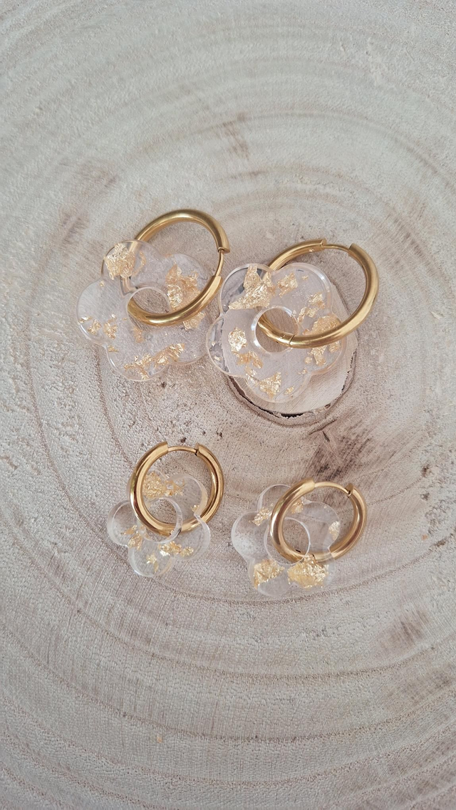 Duo Mère Fille Créoles fleurs transparente et feuille d&#039;or 