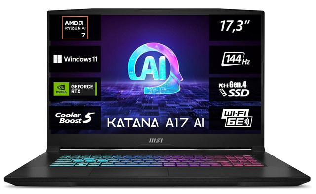 MSI Katana A17 AI, Gaming Laptop, 43,9 cm (17,3") FHD, AMD Ryzen 7 8845HS Prozessor, 16 GB DDR5 RAM, 1 TB SSD, NVIDIA GeForce RTX 4060, Windows 11Home