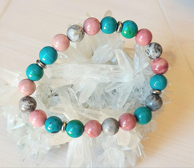 Jaspe Picasso, Rhodonite & Chrysocolle teintée