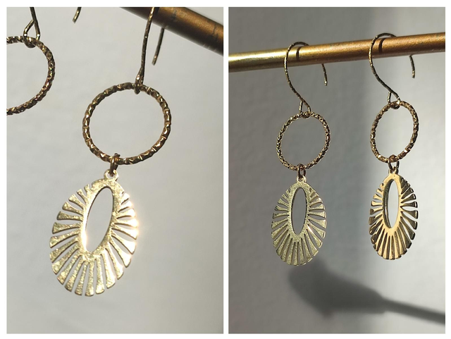 Boucles d&#039;oreilles cercles ciselés en acier inoxydable doré -sans nickel, pièce unique 