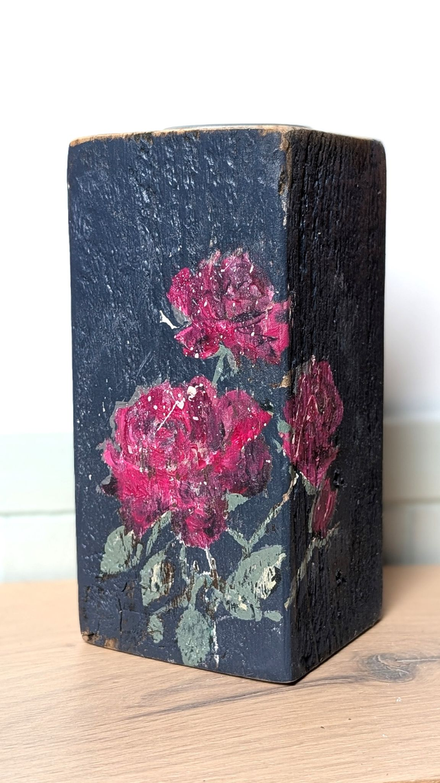 Roses striking pink painterly on navy - Tealight Holder Reclaimed Wood