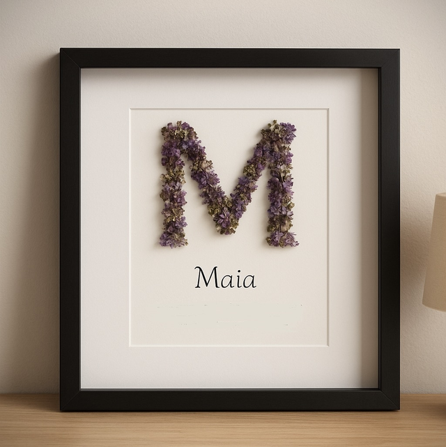 Lettre Florale (coloris au choix)+prénom        encadrement noir