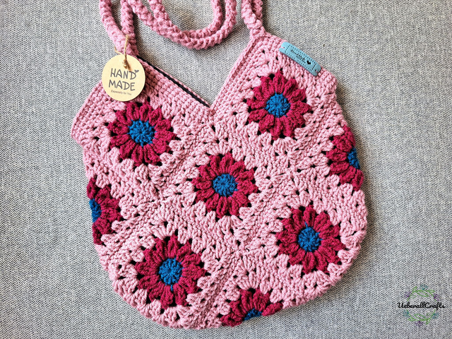 Tasche Grannysquare rosa/rosé mit Blumen und grauem Inlay, gehäkelt, Handtasche, Beutel, Shopper, bag, Unikat, handmade - Einzelstück