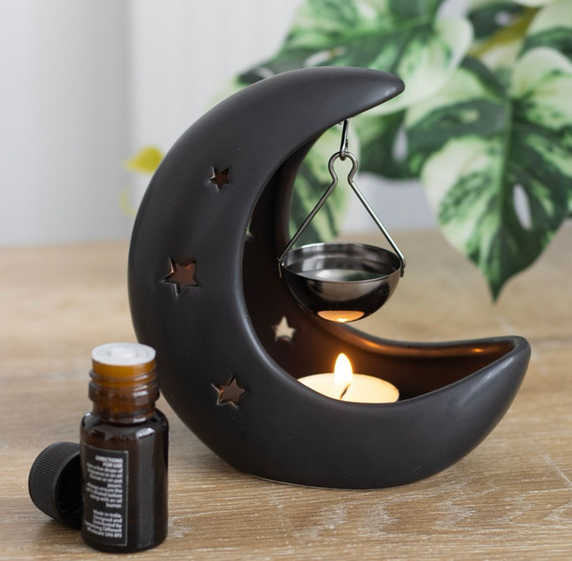 🌙 Black Crescent Moon Oil Burner – Celestial Hanging Bowl Wax Melt &amp; Fragrance Oil Warmer