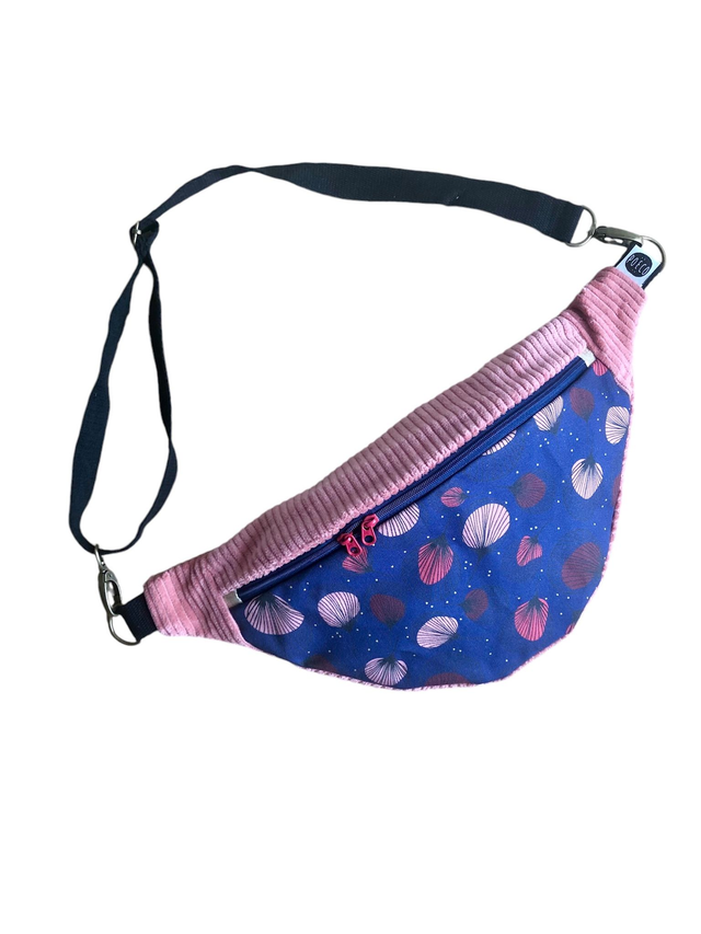 Sac Banane velours côtelé  - PLUMES - rose et blau marine