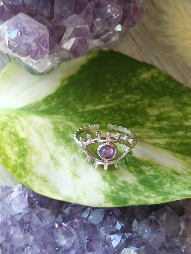 Bague ajustable acier, améthyste 